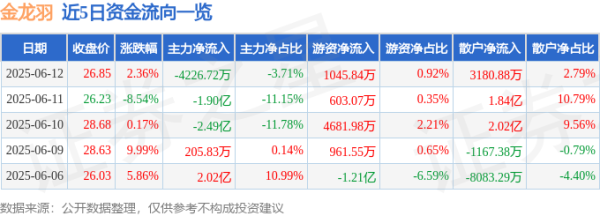 众豪配资 股票行情快报：金龙羽（002882）6月12日主力资金净卖出4226.72万元